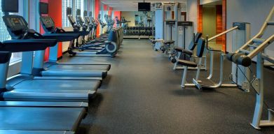 The hotel fitness center is equipped with an extensive array of exercise machines, free weights, and a widescreen television.