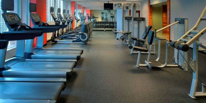 The hotel fitness center is equipped with an extensive array of exercise machines, free weights, and a widescreen television.