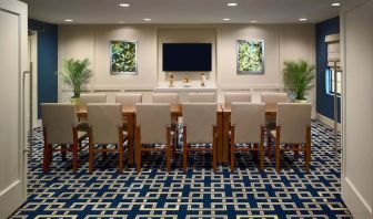 Hotel meeting room, decorated with potted plants and wall art, and featuring a dozen chairs around a long table.