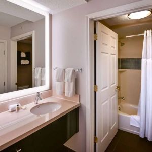 Sonesta ES Suites San Jose Airport guest room bathroom, featuring sink, mirror, bath, shower, and lavatory.