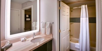 Sonesta ES Suites San Jose Airport guest room bathroom, featuring sink, mirror, bath, shower, and lavatory.