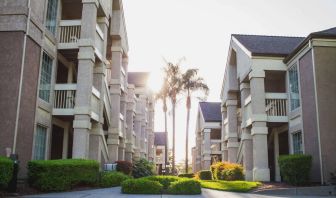 The hotel exterior features soaring palm trees and well-kept hedges and bushes close to the day rooms.