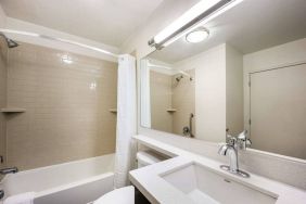 Guest bathroom furnished with sink and wide mirror, plus shower and bathtub.