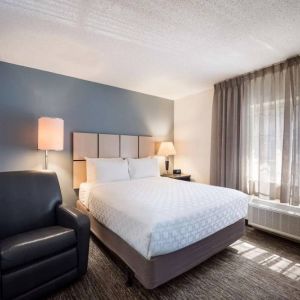 Double bed guest room in Sonesta Simply Suites Cleveland North Olmsted Airport, including armchair and windows.