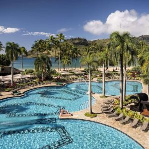 The hotel’s outdoor pool includes sun loungers and tall trees nearby.