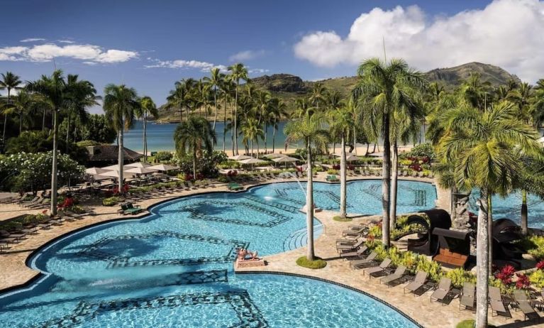 The hotel’s outdoor pool includes sun loungers and tall trees nearby.