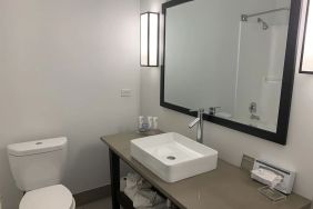 Guest bathroom with shower at Country Inn & Suites By Radisson, Chicago O'Hare South.