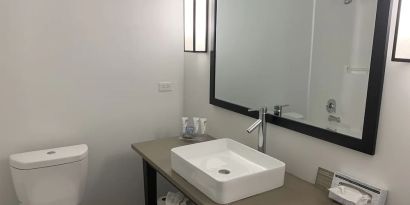 Guest bathroom with shower at Country Inn & Suites By Radisson, Chicago O'Hare South.