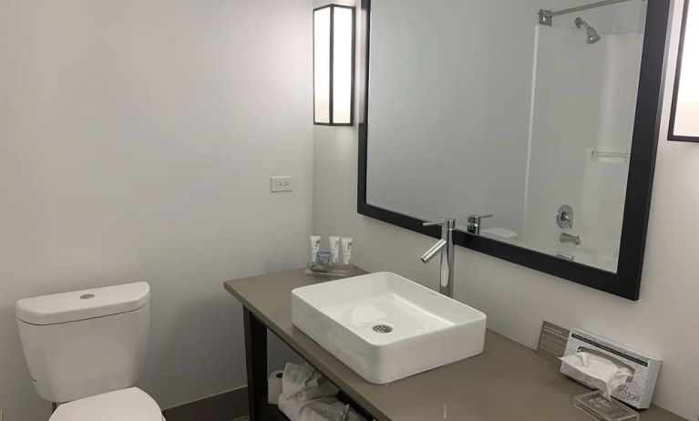 Guest bathroom with shower at Country Inn & Suites By Radisson, Chicago O'Hare South.