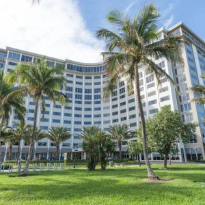 Sonesta Fort Lauderdale Beach’s exterior has extensive greenery, including numerous palm trees.