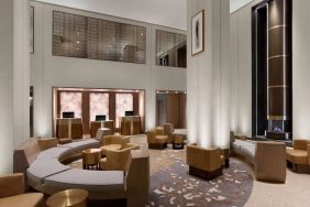 The hotel’s lobby lounge has extensive sofa and armchair seating, numerous coffee tables, and a fireplace.