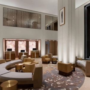 The hotel’s lobby lounge has extensive sofa and armchair seating, numerous coffee tables, and a fireplace.