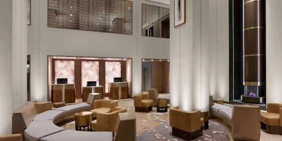 The hotel’s lobby lounge has extensive sofa and armchair seating, numerous coffee tables, and a fireplace.