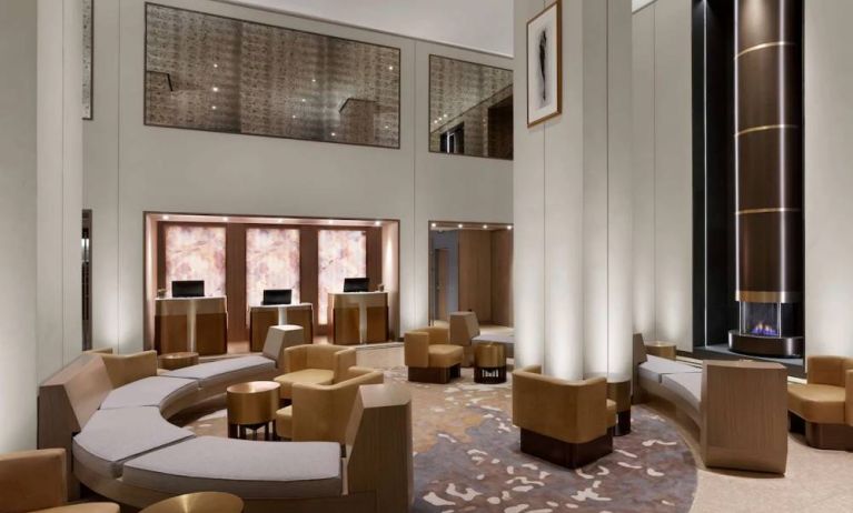 The hotel’s lobby lounge has extensive sofa and armchair seating, numerous coffee tables, and a fireplace.