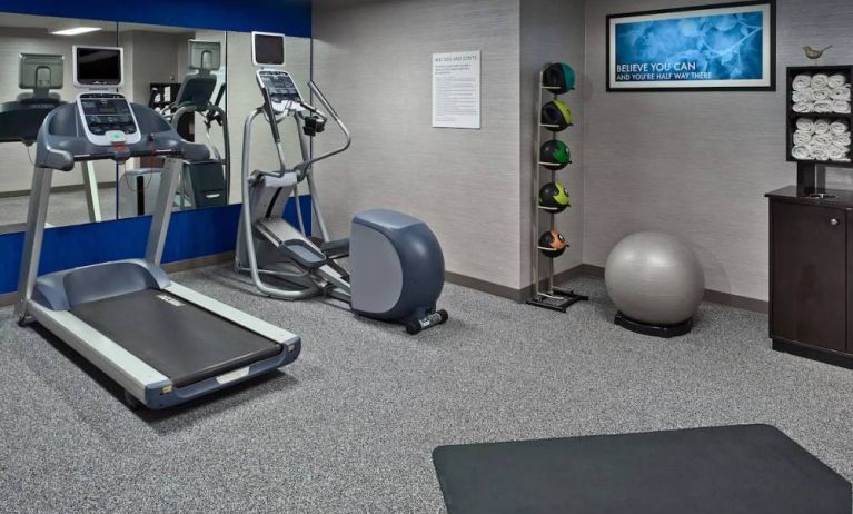 The hotel’s fitness center has gym balls and exercise machines including an elliptical and treadmill.