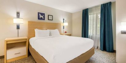 Sonesta ES Suites Charlotte Arrowood double bed guest room, featuring art on the wall and a large window.