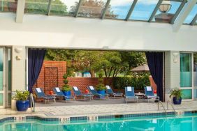 The indoor pool at Royal Sonesta Boston has plenty of natural light, with sun loungers and potted plants by the side.