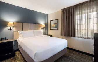 Sonesta Simply Suites Chicago Waukegan double bed guest room, featuring bedside lamps, art on the wall, and window.