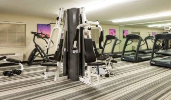 Sonesta Simply Suites Chicago Waukegan’s fitness center is equipped with free weights and various types of exercise machinery. 