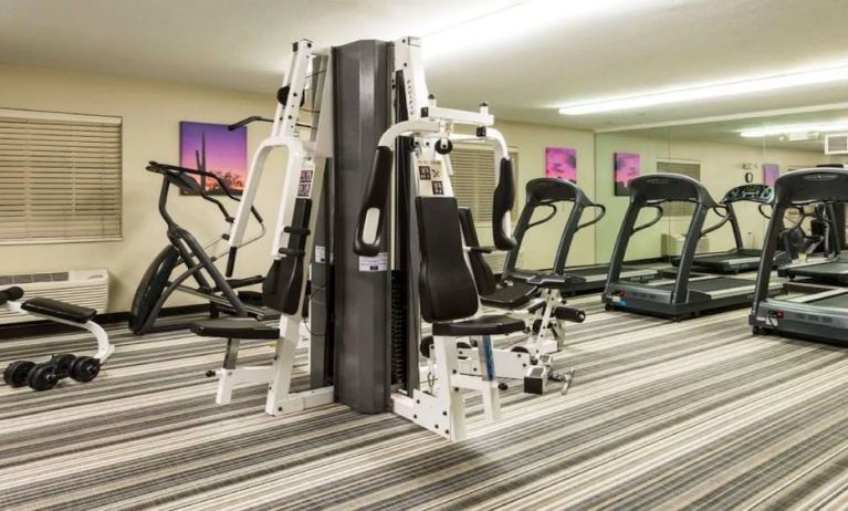 Sonesta Simply Suites Chicago Waukegan’s fitness center is equipped with free weights and various types of exercise machinery. 