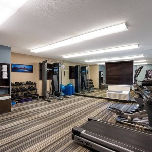 Sonesta Simply Suites Des Moines’ fitness center is equipped with rows of free weights, plus an assortment of exercise machines, and a TV.