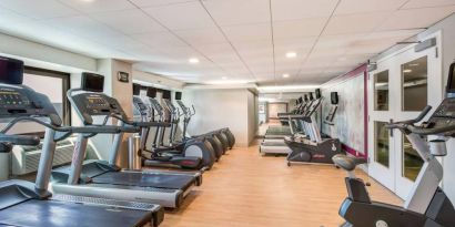 The fitness center at Sonesta Los Angeles Airport LAX has a large array of exercise machines, including treadmills, bikes, and ellipticals.