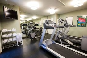 The fitness center at Sonesta ES Suites Austin The Domain Area includes a widescreen television, plenty of towels, and multiple exercise machines.