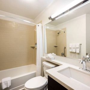 Guest bathroom in Sonesta Simply Suites Detroit Ann Arbor, which is furnished with shower-equipped bath, mirror and sink, and a lavatory.