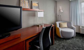 Sonesta Select Tinton Falls Eatontown guest room workspace, with desk, chair, and lamp, and TV.