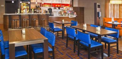 The hotel’s breakfast room offers a range of healthy options and has tables for two to four diners.