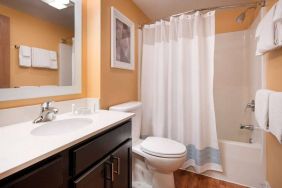 Sonesta Simply Suites Seattle Renton guest bathroom, furnished with bath and shower, lavatory, and mirror and sink.