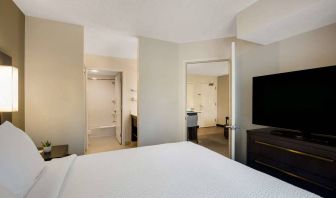 Double bed guest room in Sonesta ES Suites Parsippany Morris Plains, featuring ensuite bathroom and large television.