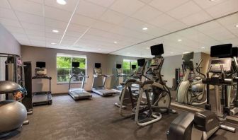 The fitness center in Sonesta ES Suites Parsippany Morris Plains has windows with green views and a wide range of exercise machines.