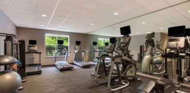 The fitness center in Sonesta ES Suites Parsippany Morris Plains has windows with green views and a wide range of exercise machines.