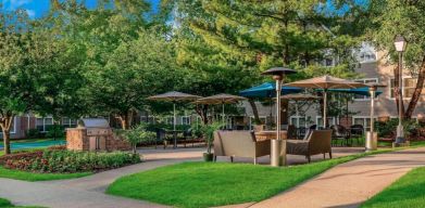 Sonesta ES Suites Parsippany Morris Plains’ barbecue area is furnished with tables and chairs, plus armchair seating, amid numerous trees.