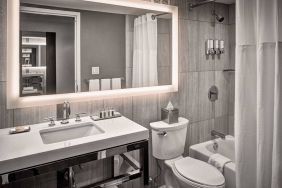 Guest bathroom in Sonesta Philadelphia Rittenhouse Square, equipped with sink and large mirror, lavatory, and bath with a shower.