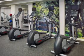 The fitness center in Royal Sonesta New Orleans is equipped with an assortment of exercise machines, and large images of greenery on the walls.