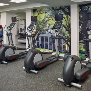 The fitness center in Royal Sonesta New Orleans is equipped with an assortment of exercise machines, and large images of greenery on the walls.