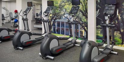 The fitness center in Royal Sonesta New Orleans is equipped with an assortment of exercise machines, and large images of greenery on the walls.