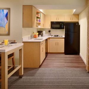 Sonesta ES Suites Atlanta - Perimeter Center North guest room kitchen, featuring fridge-freezer, microwave, hob, and oven.