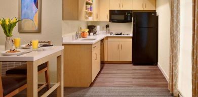 Sonesta ES Suites Atlanta - Perimeter Center North guest room kitchen, featuring fridge-freezer, microwave, hob, and oven.