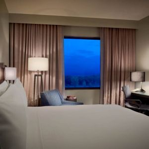 Double bed guest room in Sonesta Bee Cave Austin, with a window and workspace desk, lamp, and chair.