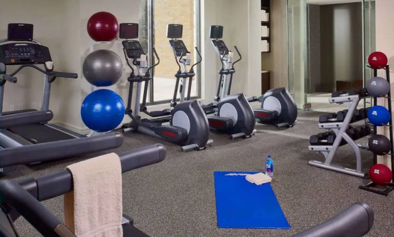 The fitness center in Sonesta Bee Cave Austin offers both free weights and various exercise machines, in addition to gym balls.