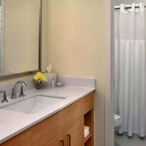 Guest bathroom in Sonesta ES Suites Auburn Hills Detroit, furnished with bath, lavatory, sink, and mirror.