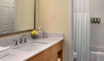 Guest bathroom in Sonesta ES Suites Auburn Hills Detroit, furnished with bath, lavatory, sink, and mirror.