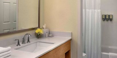 Guest bathroom in Sonesta ES Suites Auburn Hills Detroit, furnished with bath, lavatory, sink, and mirror.