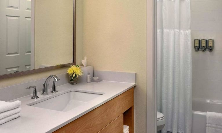 Guest bathroom in Sonesta ES Suites Auburn Hills Detroit, furnished with bath, lavatory, sink, and mirror.