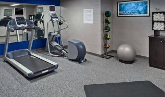 Sonesta ES Suites New Orleans’s fitness center is equipped with gym balls, exercise machines, and plenty of towels.