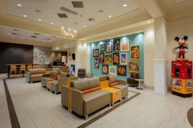 Lobby and coworking space at Sonesta Anaheim Resort Area.