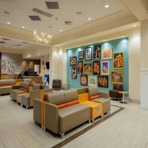 Lobby and coworking space at Sonesta Anaheim Resort Area.